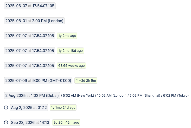 Timestamp examples with local time, relative time, and page linked dates